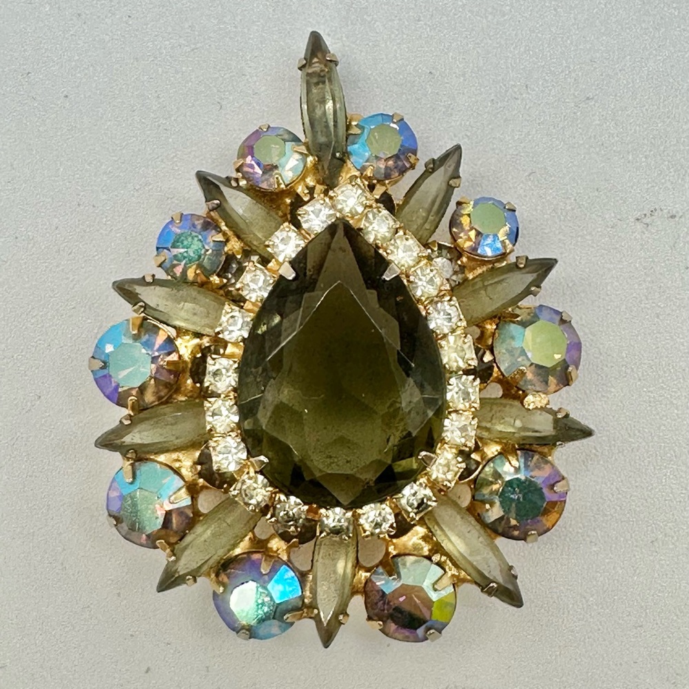 Juliana Brooch Pendant Smoky Olive Green Brown AB Rhinestone Icy